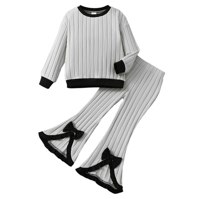 DuoJiaJ Haut à Manches Longues Côtelé à Col Rond avec Pantalon Évasé Tenue pour Bébé Filles Tout-Petits Confortable Tenue de Jeu Décontractée Mode Quotidienne Ensembles de Pyjama de Vacances pour Filles Taille 4-5 Ans