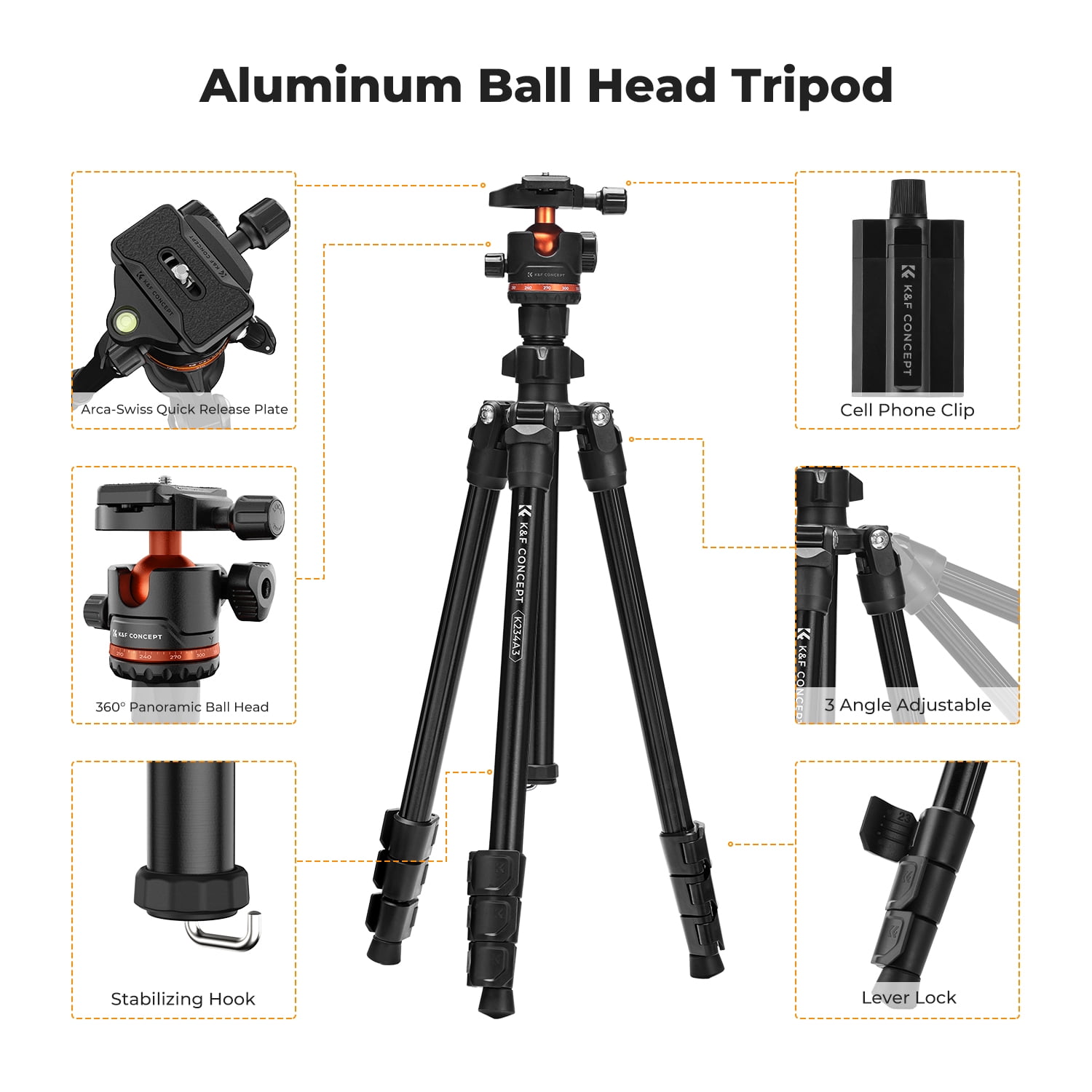 K&F Concept 70" Lightweight Professional Travel Outdoor DSLR Tripods with 360 Degree Ball Head Load Capacity 17.6lbs,  for Smartphone/Vlog