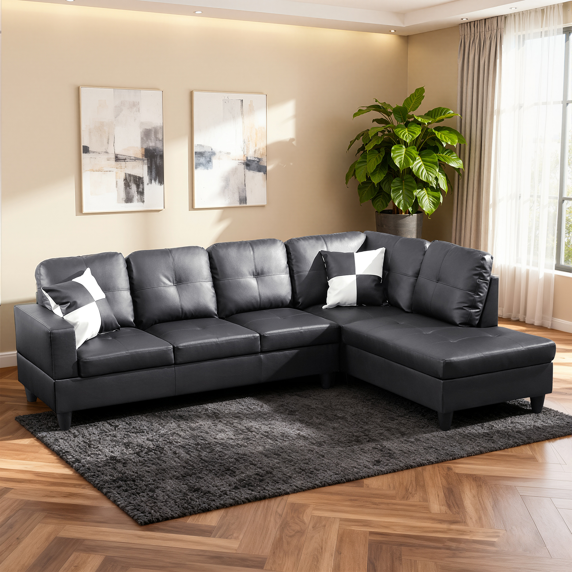 MAYEERTY 103.5" Modular Sofa, 2-Piece Sectional Couches for Living Room, Faux Leather Sofa Set without Ottoman, Black(Right)