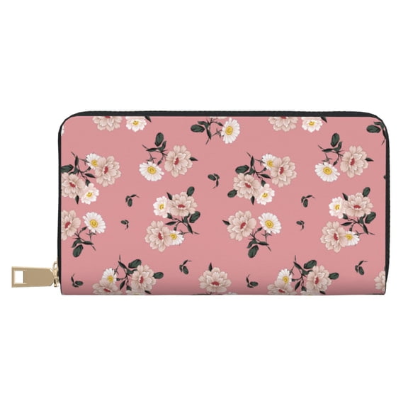 Leather Thin Slim Wallets for Women Men - Rose Flowers Pink Clutch Card Wallet for Women Men with Zipper