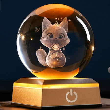 

80Mm Cat Lover Gifts For Women 3D Cat Holding Rose Night Light Cat Crystal Ball Decor Kitten Holding Rose Collectibles Stuff For Room Decor With Colorful Light Base