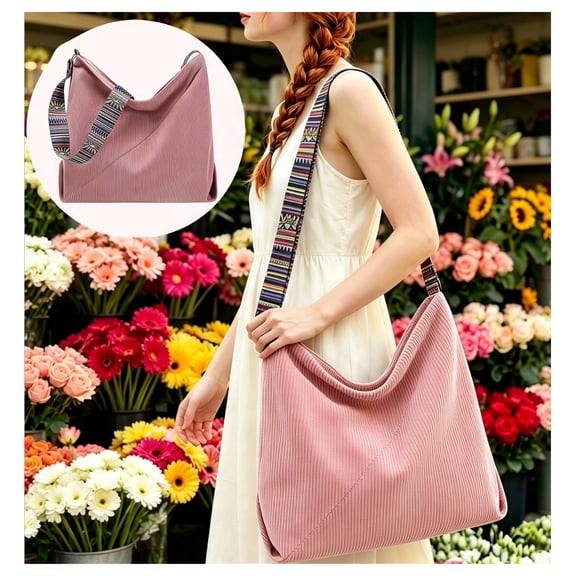WANDF Corduroy Shoulder Hobo Bags for Women, Large Tote Bag with Wide Strap,Retro Commuter Crossbody Bag for Ladies,Boho Casual Handbag Purse for Work,Shopping,Travel(Pink)