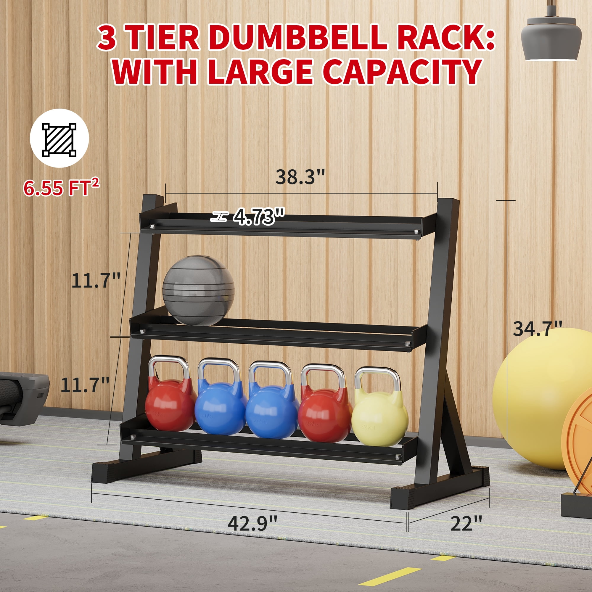 Volkmi 3 Tier Dumbbell Rack Stand, Carbon Steel Weight Storage Rack for Dumbbell Set, 1000 lb Capacity, Black Finish, Angled Shelves for Home Gym, Garage, and Commercial Use