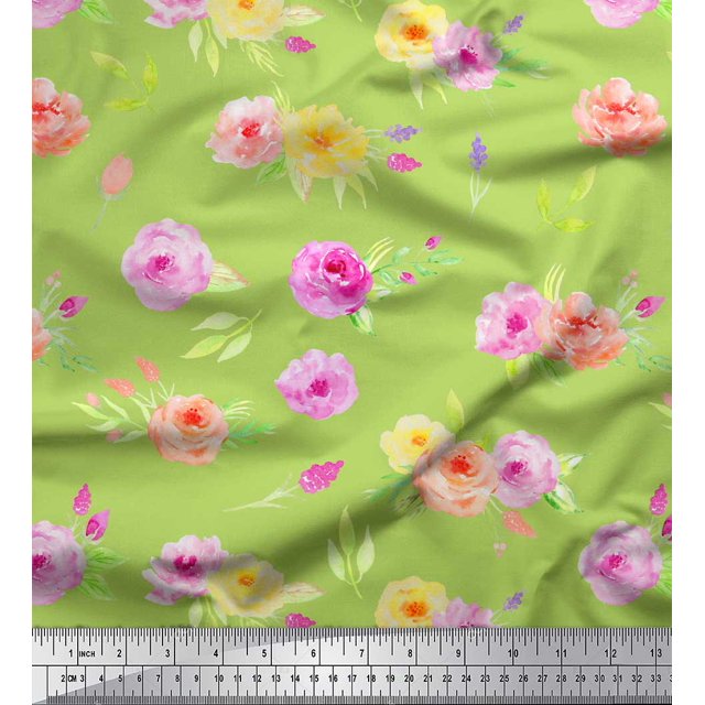 Soimoi Green Poly Georgette Fabric Leaves & Grandiflora Roses Floral Print Sewing Fabric Yard 42 Inch Wide
