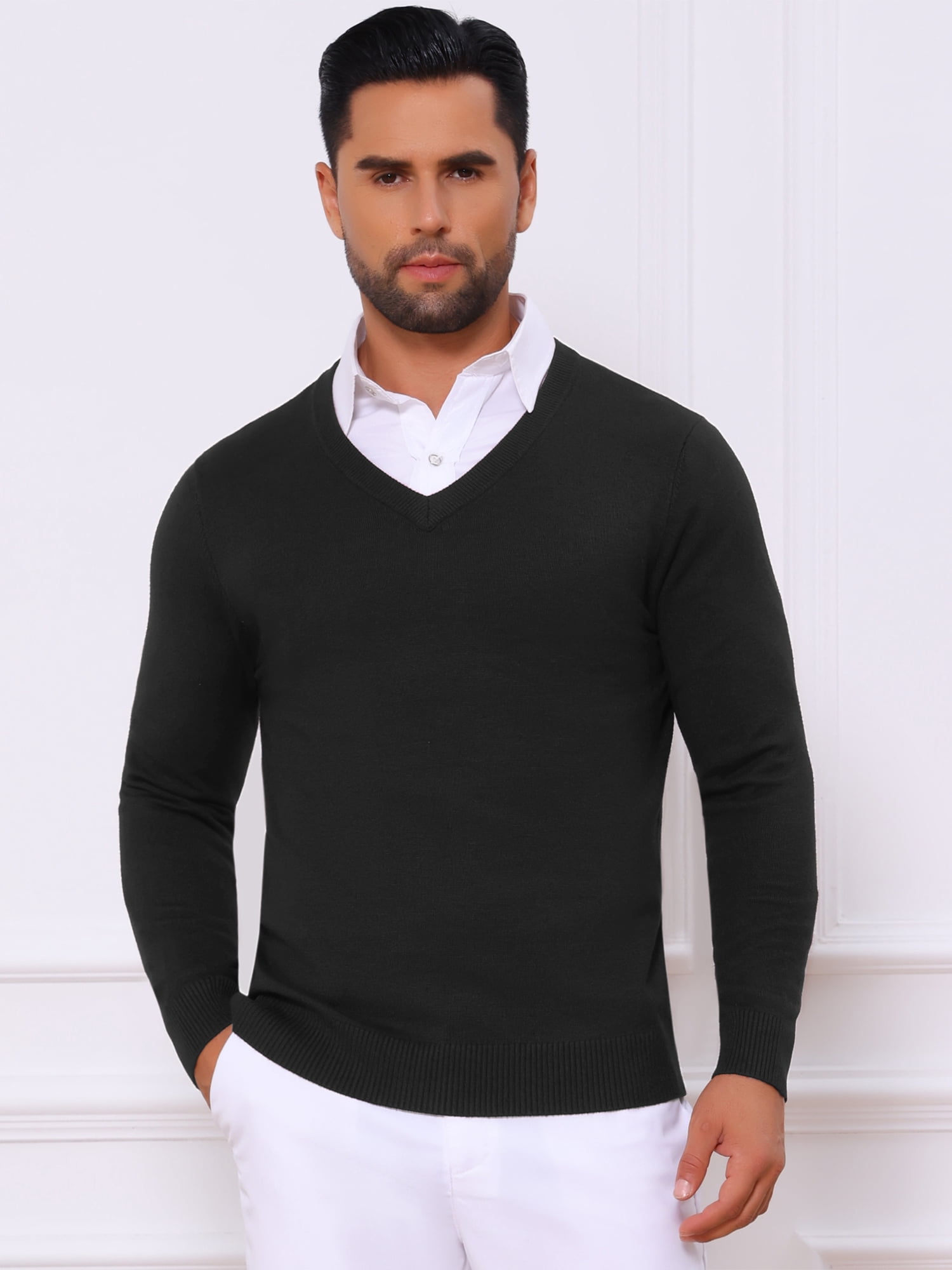 DARING DIVA Men's Long Sleeve V-Neck Solid Knitted Pullover Sweater L Black