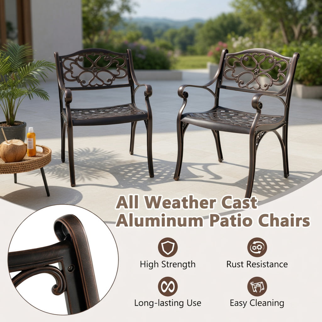 Hommoo 2-Pack Cast Aluminum Outdoor Dining Chairs with Armrests, Weather-Resistant Patio Chairs for Garden, Porch & Poolside, Bronze