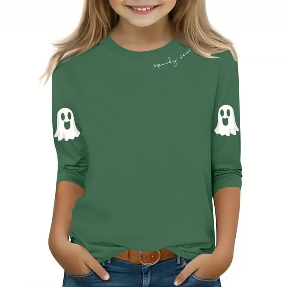SuTry Children's Halloween Print Tops Three Quarter Sleeve Round Neck Bottom Shirt Top for Kids Festive Outdoor Indoor Blouses(Army Green,120)