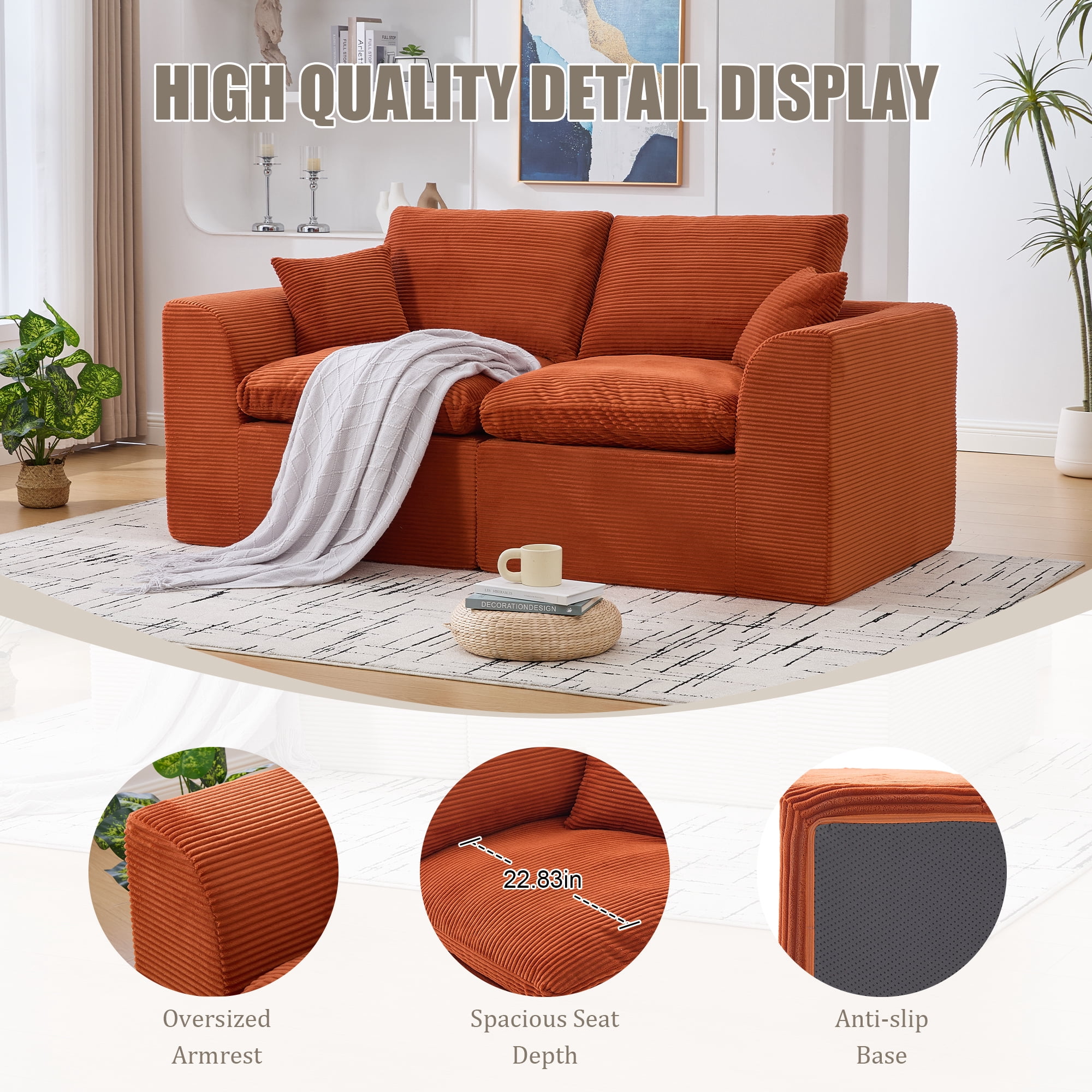 MOONMISS 80.3" Oversized Modular Sofa, Upholstered Corduroy 2 Seat Deep Seat Cloud Couch for Living Room Bedroom, No Assembly Required,Orange