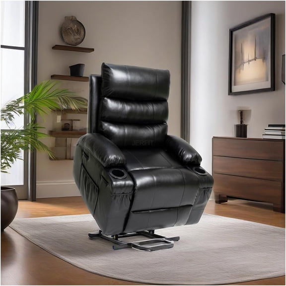JERFIT Power Lift Recliner Chair with Massage and Heat for Elderly, Electric Reclining Sofa with Remote Control, Cup Holders, Pockets, Overstuffed PU Fabric, Black