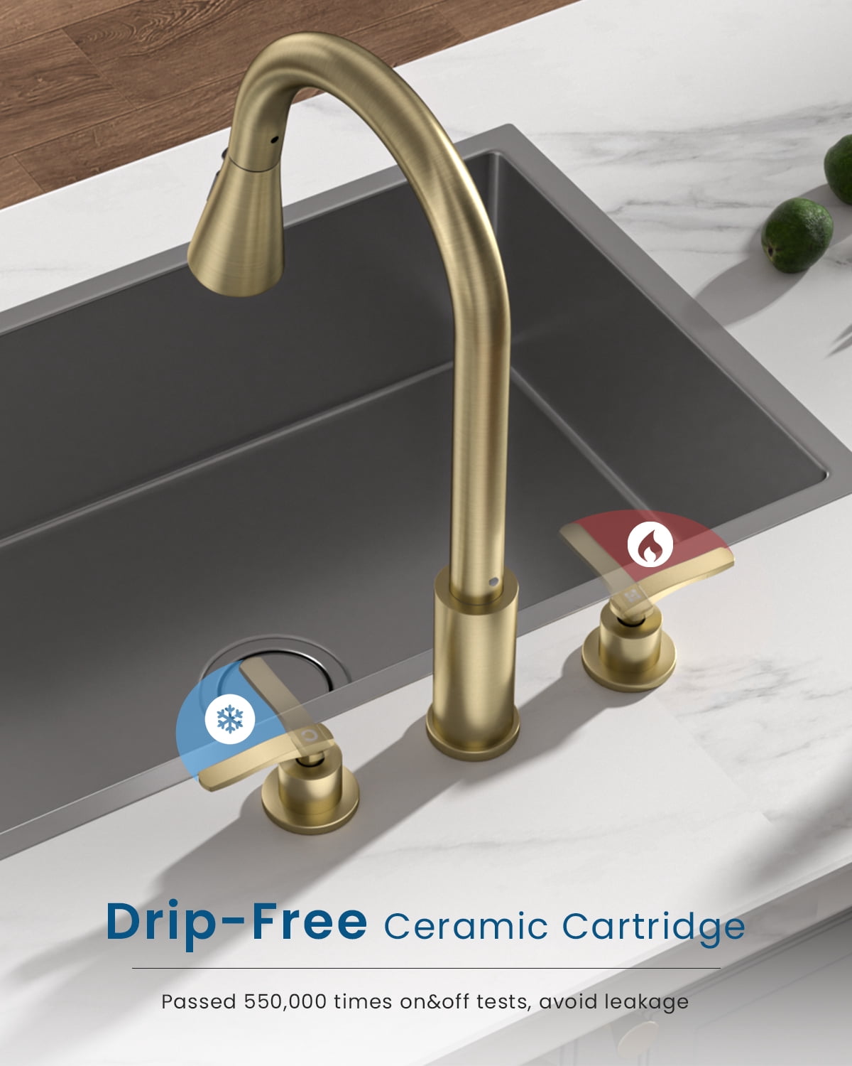 DAYONE Brushed Gold 3 Hole Kitchen Faucet with Separate Handle and Pull Down Sprayer, 2 Handle Sink Faucets for Kitchen/RV with Soap Dispenser Stainless Steel