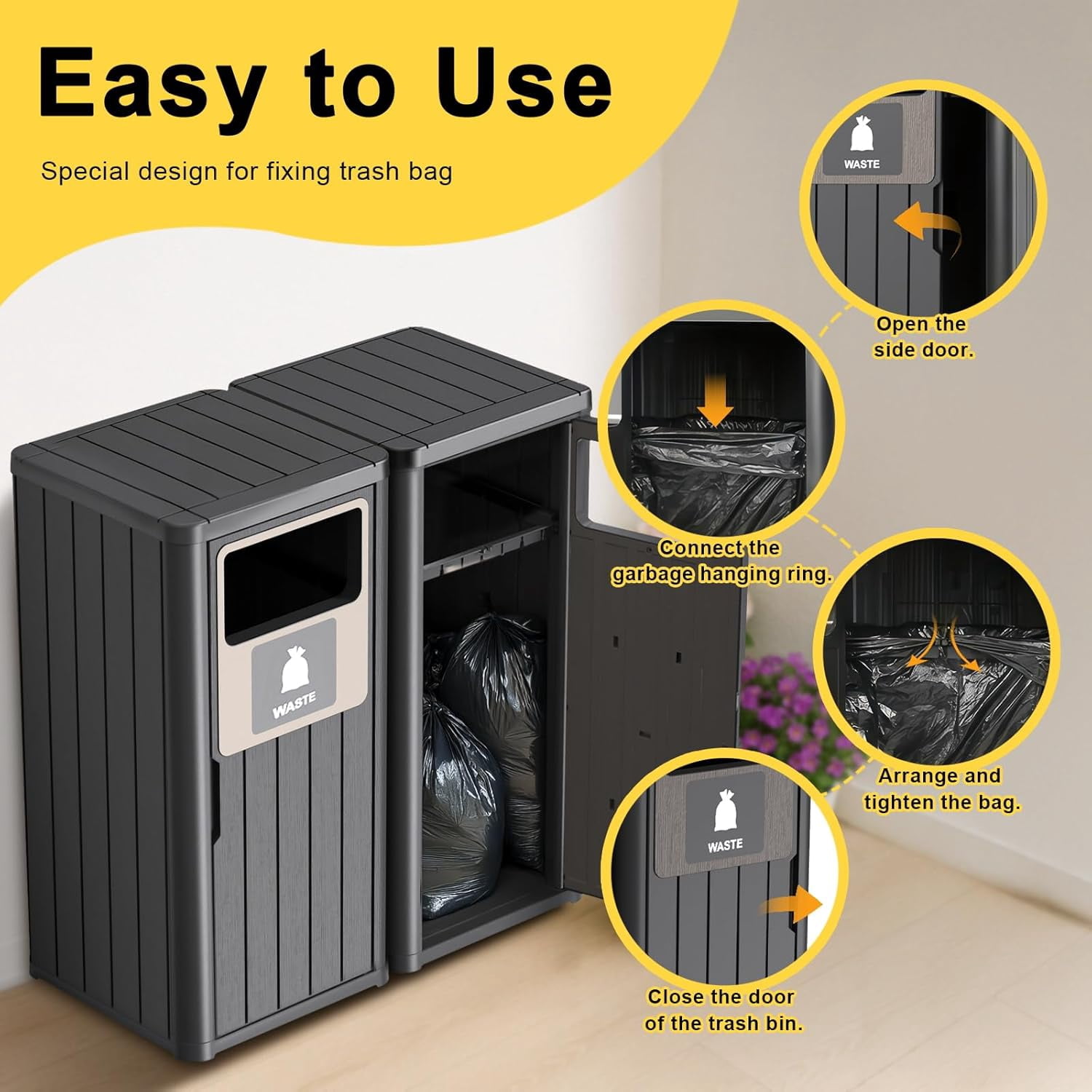Outdoor Two Barrel Trash Can – Waterproof Resin Garbage Bin with Recycling Labels – Fits 30-39 Gallon Trash Bags, Durable Waste Bin for Porch, Backyard & Kitchen(33.07 * 16.54 * 35.43)