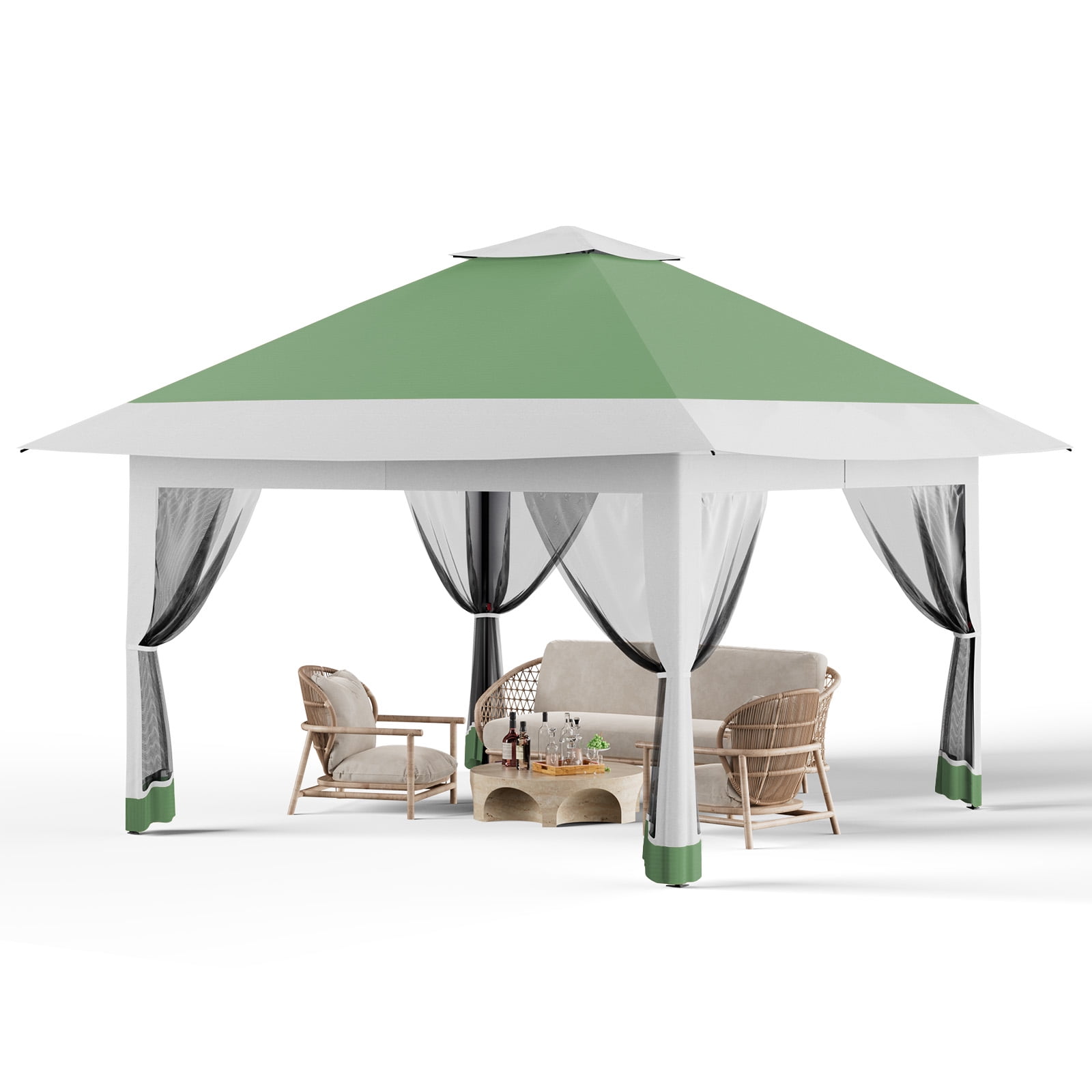 Memoryfield 12x12 ft Pop-Up Canopy Tent, Adjustable Height Instant Gazebo with Mosquito Netting & 4 Sandbags, Outdoor Party Tent for Backyard, BBQs & Events, Olive Green