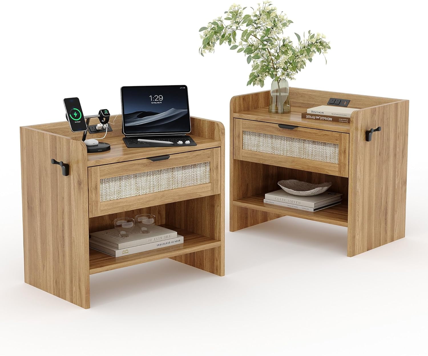 Historyli 2PC Bedside Table,Rattan Nightstand, Boho Night Stand with Type-C Charging Station,1 Storage Drawer,and Open Storage Space,End Table,Side Tables,Suitable for Bedroom,Living Room,Walnut