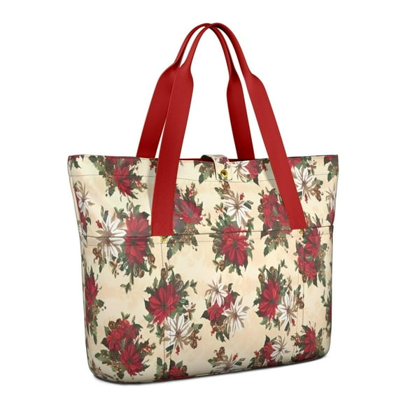 Tote Bag for Women - Multicolor Christmas Floral Pattern Shoulder Bag - Large Utility Work Duffle Bag with Zipper Handbag for Travel, Work, Sprots