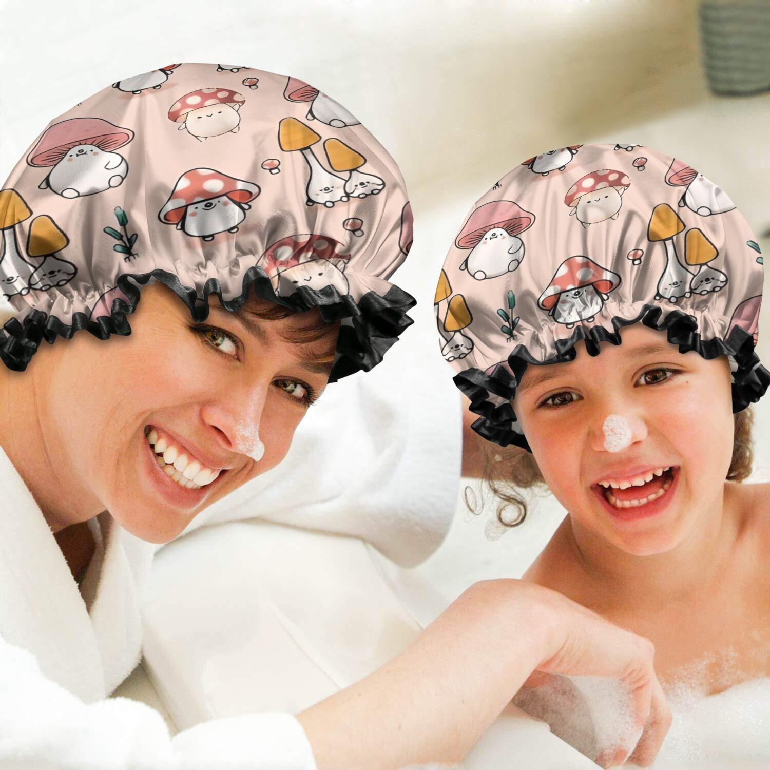 Shower Caps,Pink Mushroom Cartoon Light Pattern Waterproof Shower Cap for Women 4 Pieces,Double Reusable Hair Cover for Shower PEVA Elastic Stretch Hem