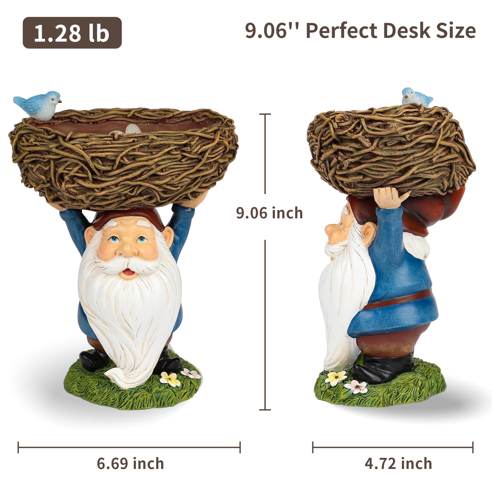 DAK Solar Garden Gnome Statue with Bird Feeder & LED Light, 9" Resin Outdoor Gnome with Nest Bowl, Waterproof UV Resistant