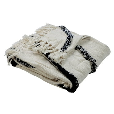 Laddha Home Designs Cornered Linework Handmade Throw Blanket - 50" x 60" - Cream and Navy Blue