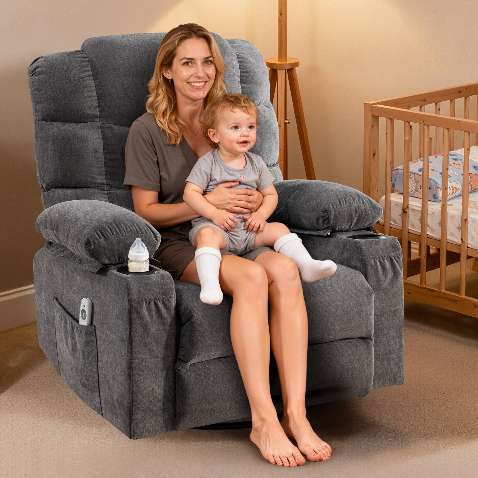 Swivel Rocker Chair, LEGAHOME Manual Glider Rocking Chair for Nursery with Massage and Heat, 22.8in Glider Massage Recliner Chairs for Adults, with Cup Holder and Side Pocket, Gray