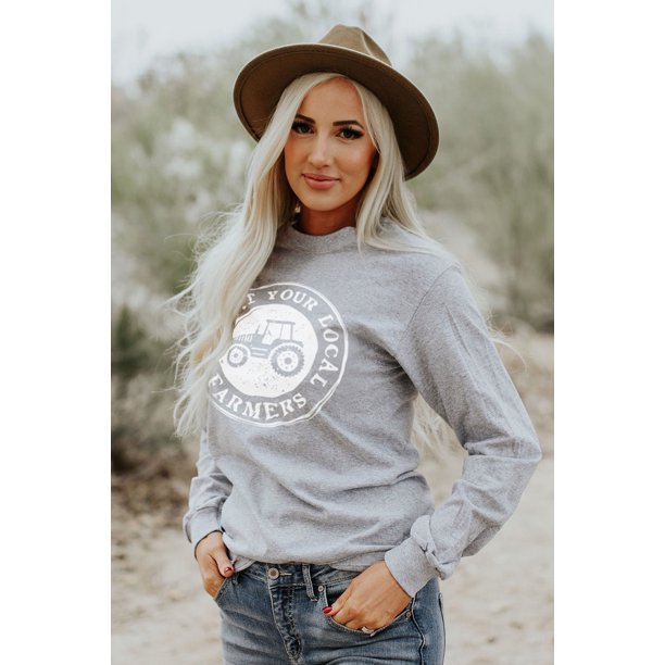 ABPHQTO Camiseta gris de manga larga APOYA A TUS AGRICULTORES LOCALES para mujer