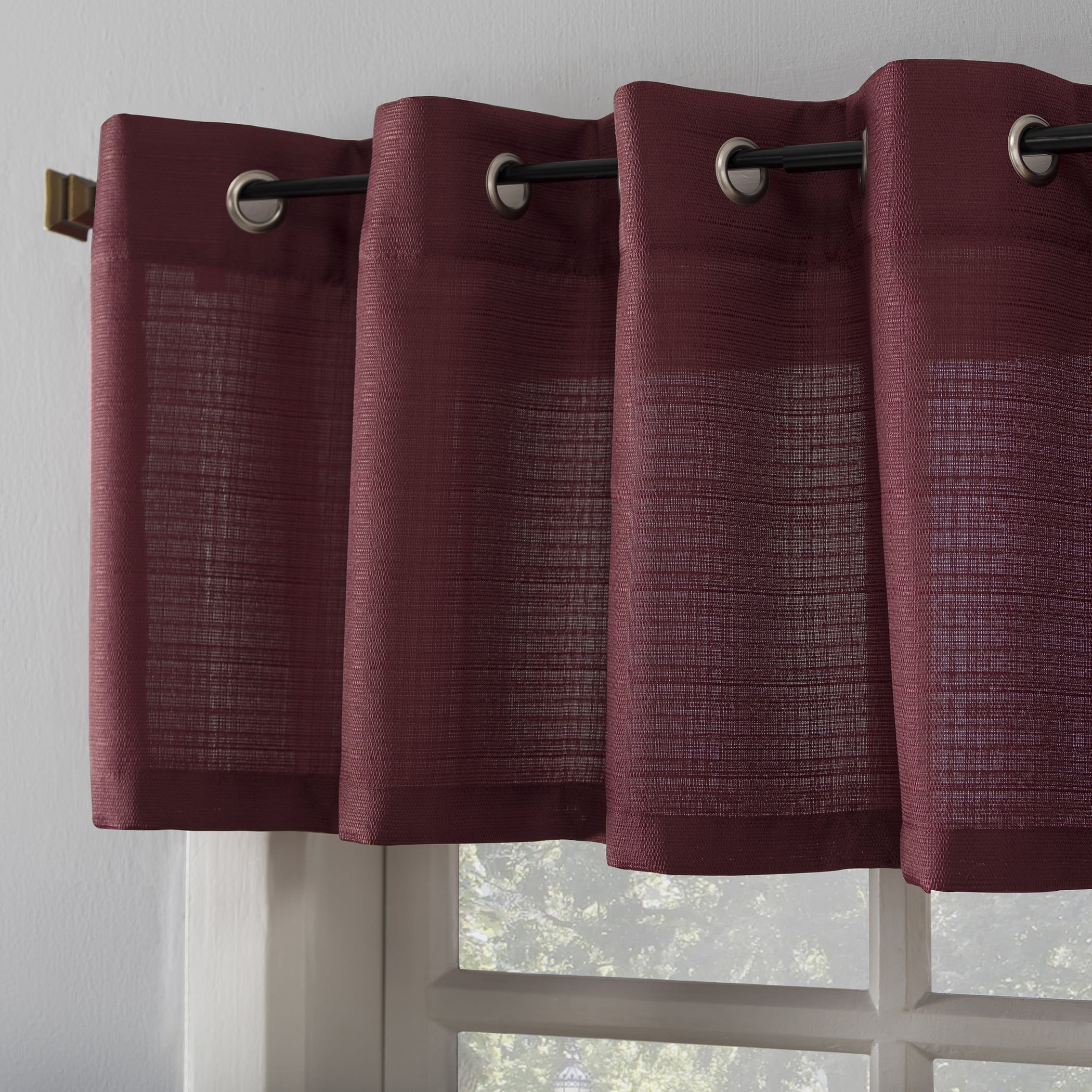Mainstays Semi-Sheer Curtain Tier Pair and Valance Set, 3-Piece, Wine, 54 in W x 24 in L