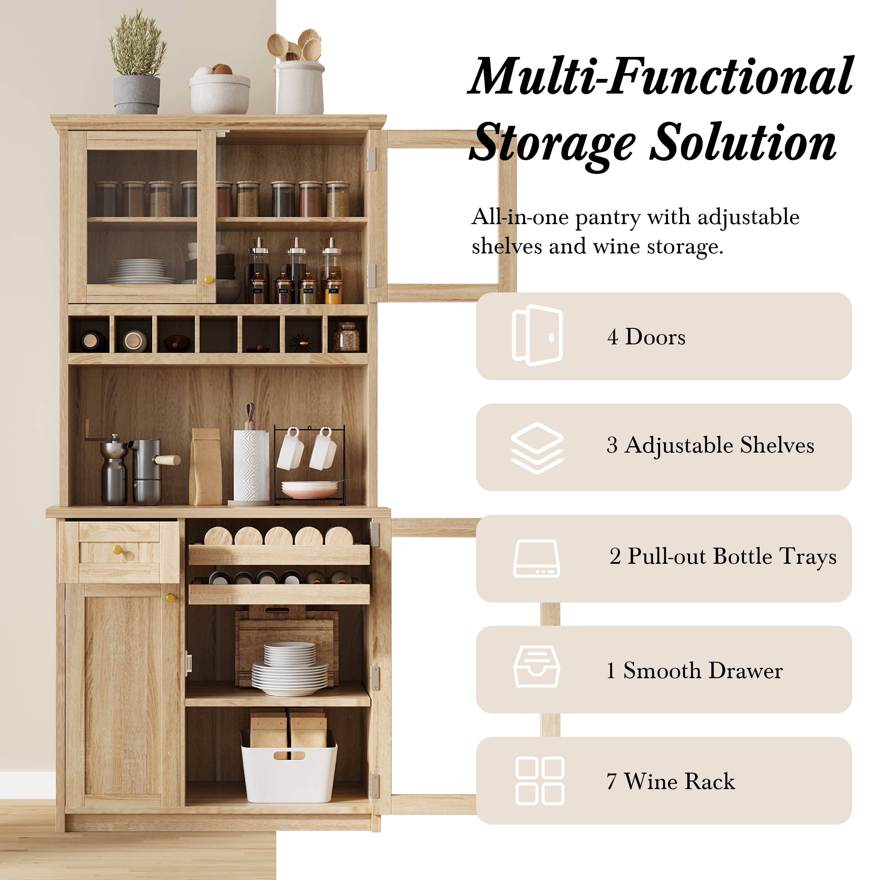 Leumius 75" Tall Kitchen Pantry Storage Cabinet,Farmhouse Wood Buffet Storage Cabinet with Wine Rack and Adjustable Shelves for Dining Room Living Room,Natural