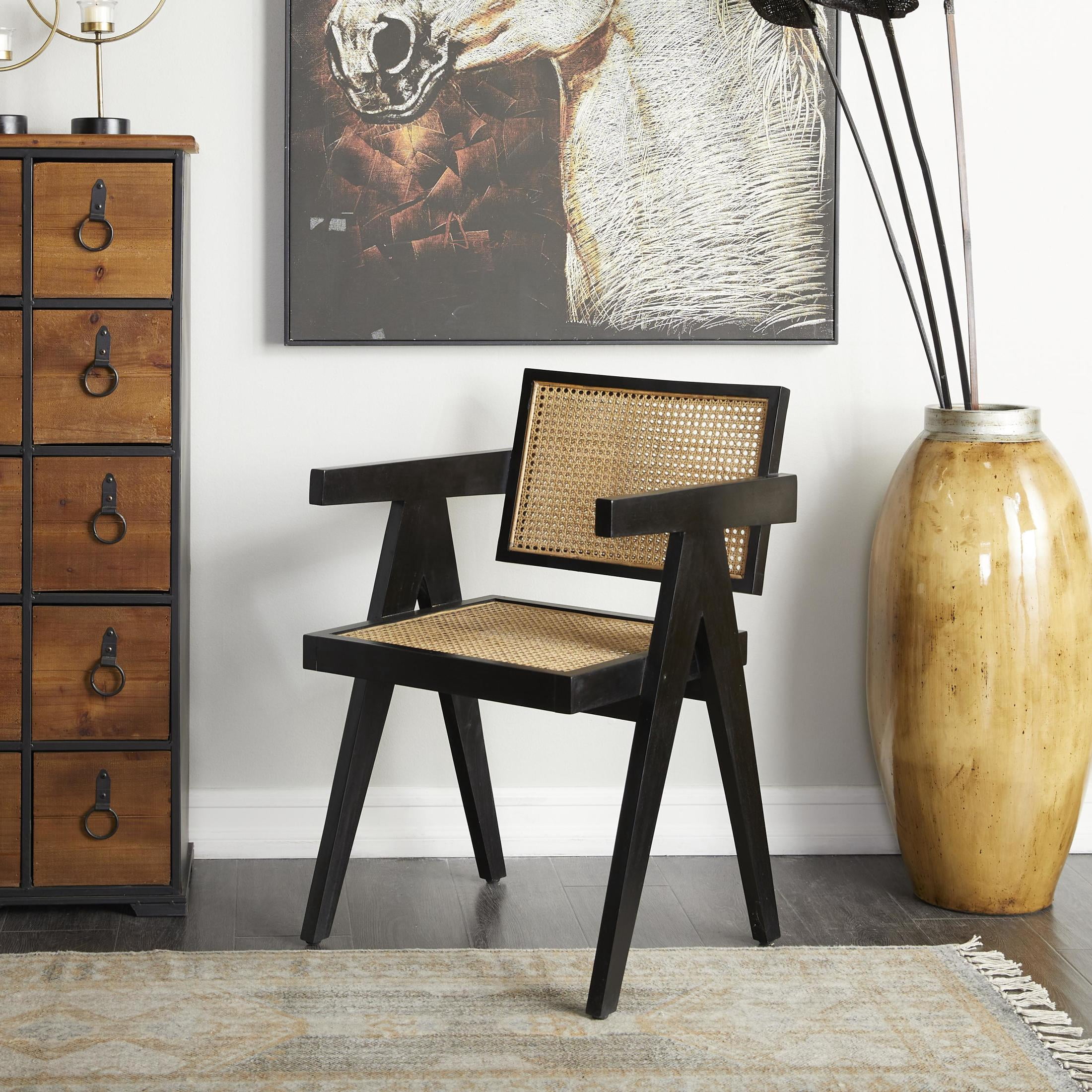 DecMode Teak Wood Handmade Lounge Chair with Woven Cane Seat, Black