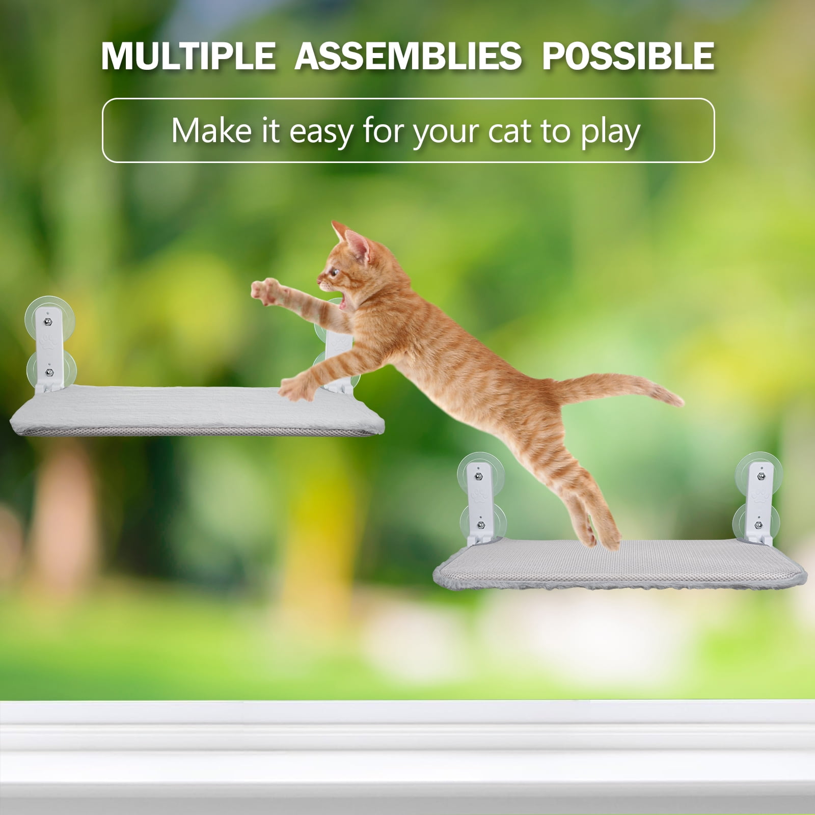 AMZOO Cordless Cat Window Perch and Hammock for Wall with 4 Suction Cups, Anchor & Screw for Easy Installation, Solid Metal Frame, Two Reversible Covers, Foldable Cat Bed for Indoor Cats (Large)