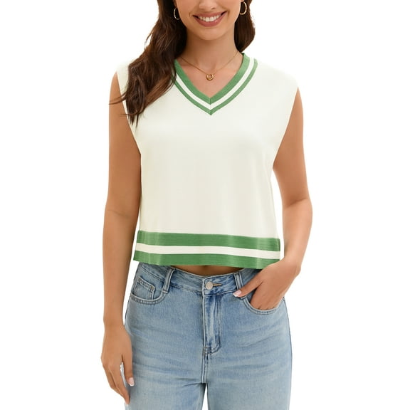 ATHLECHIC Women's Summer Crop Knit Color Block Sleeveless V Neck Tank Tops XL Apricot Green