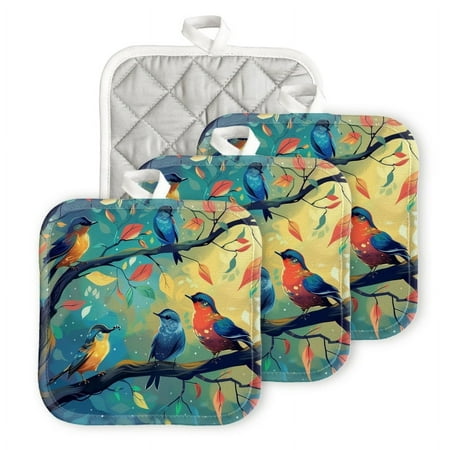 

Bahomeck Pot Holder 4Pcs Colorful Cartoon Birds Sitting On Tree Branches Square Heat Resistant Hot Pads For Kitchen Cooking Oven With Hanging Loop Potholder Easy To Store
