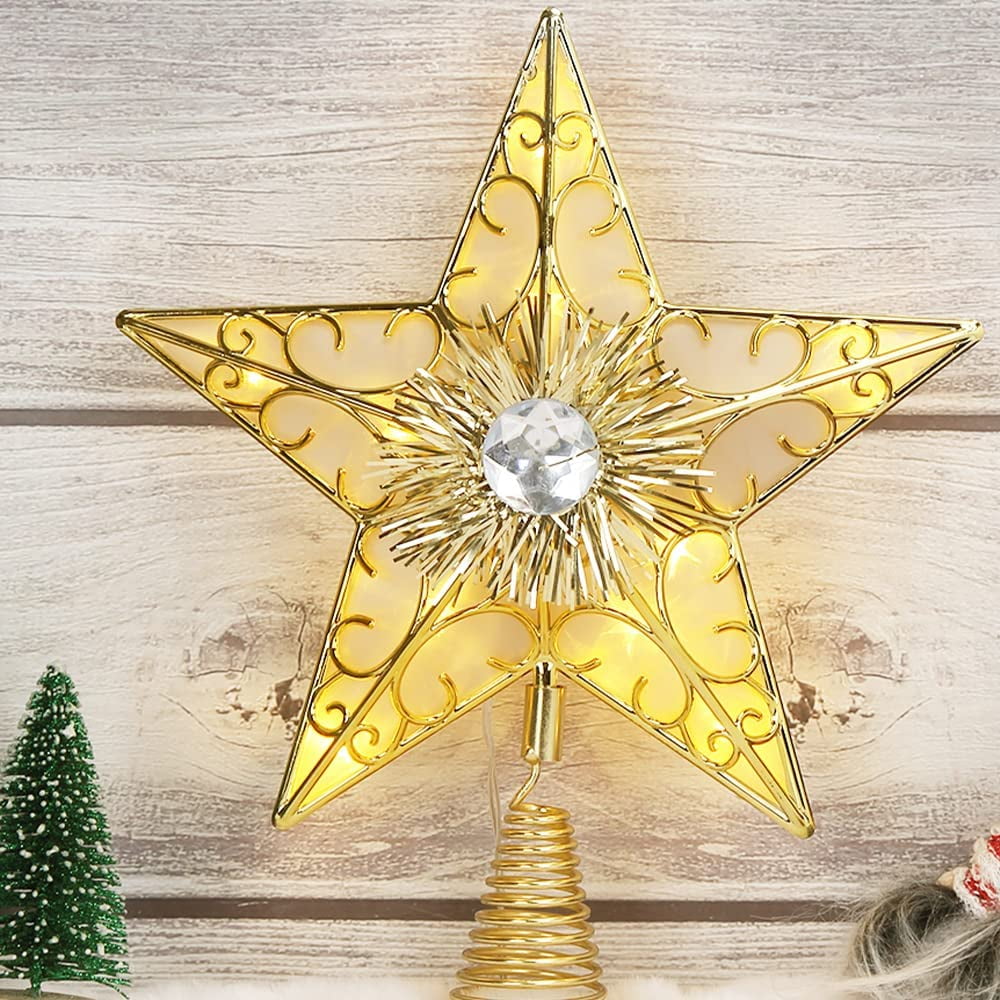 Christmas Tree Topper, Gold Star Tree Topper with 10 Lights Glittered