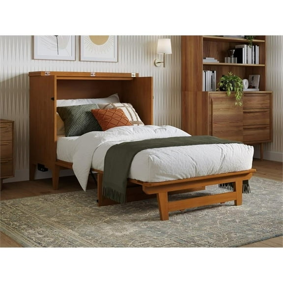 Pemberly Row Twin Murphy Bed Chest w/ Mattress & Built-in Charger - Light Toffee