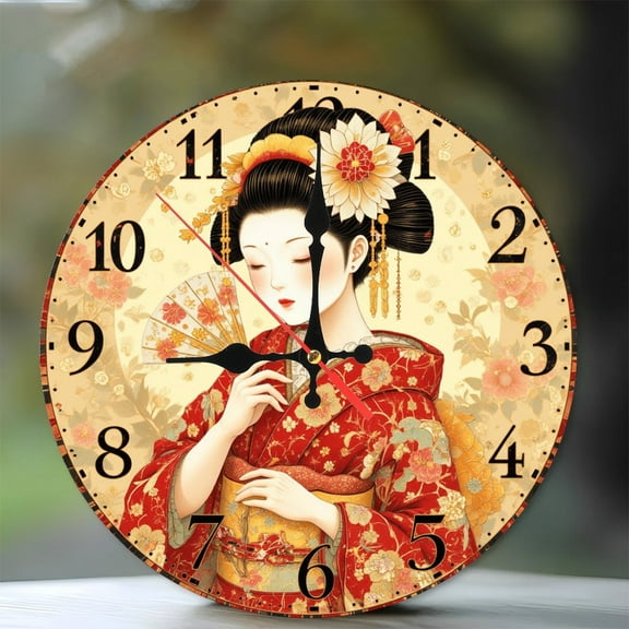 Japanese Geisha Girl Wall Clock Vintage Decor 10-Inch Silent Wooden Wall Clock, Battery Operated (AA Batteries Not Included), Artistic Home Decor