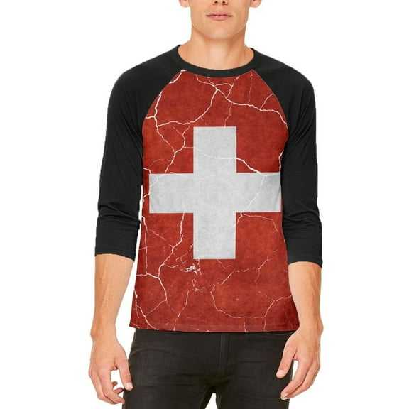 Distressed Swiss Flag Mens Raglan T Shirt
