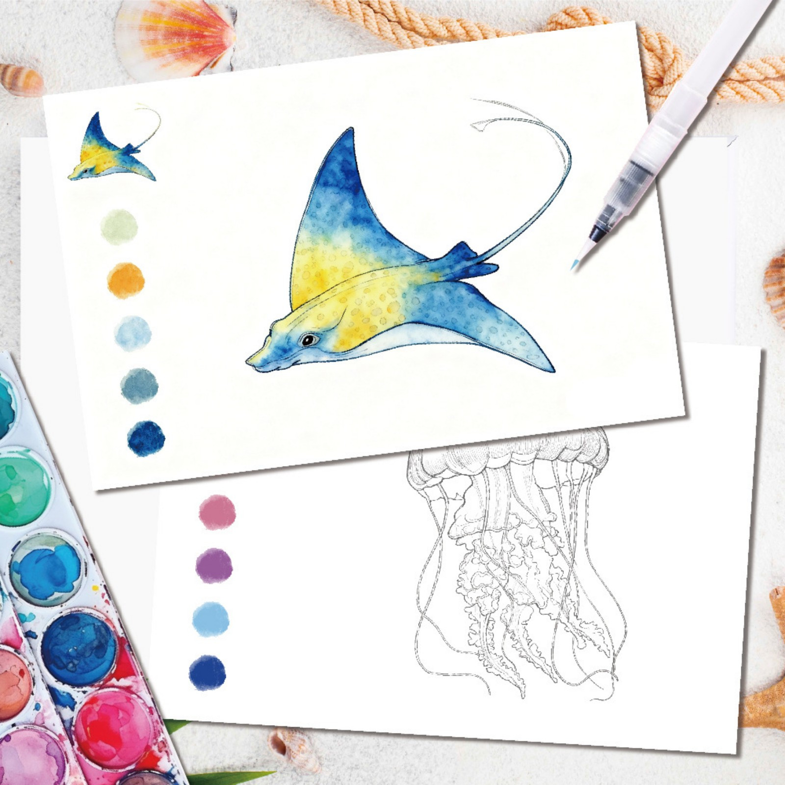 YiJuHui 4pcs Underwater World Watercolor Set with Built-in Pigments, Creative Art Kit, Non-Toxic Washable, Ocean Life Theme, Portable Travel Activity