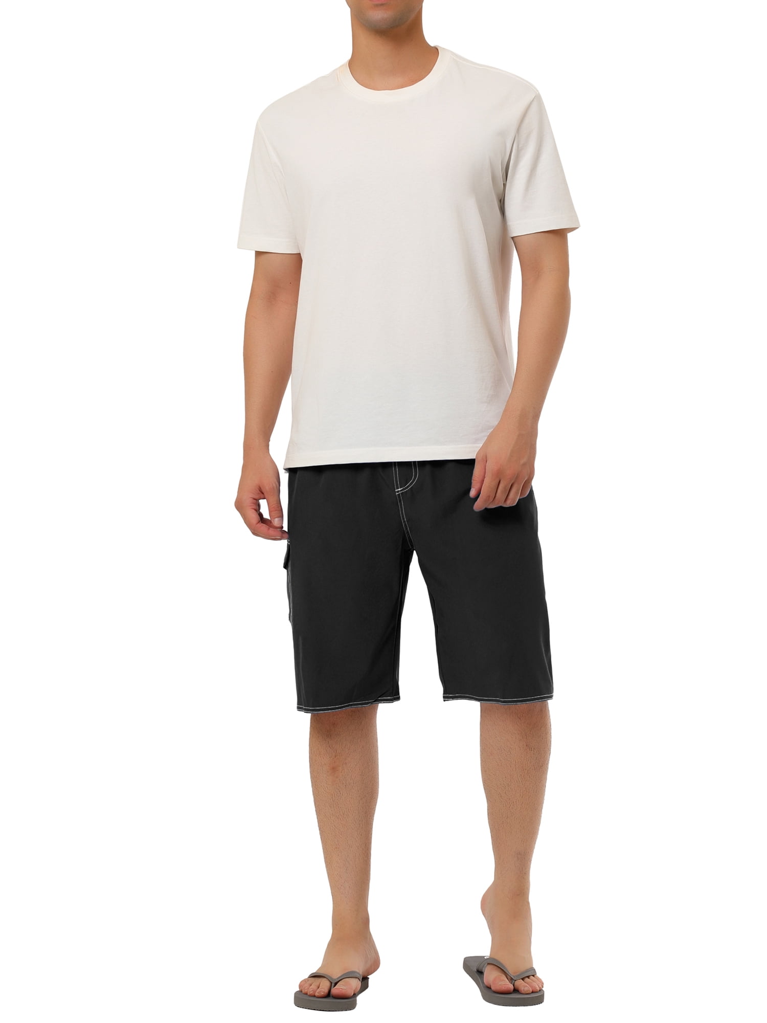 Unique Bargains Men's Casual Holiday Solid Color Elastic Waistband Beach Board Shorts 28 Black