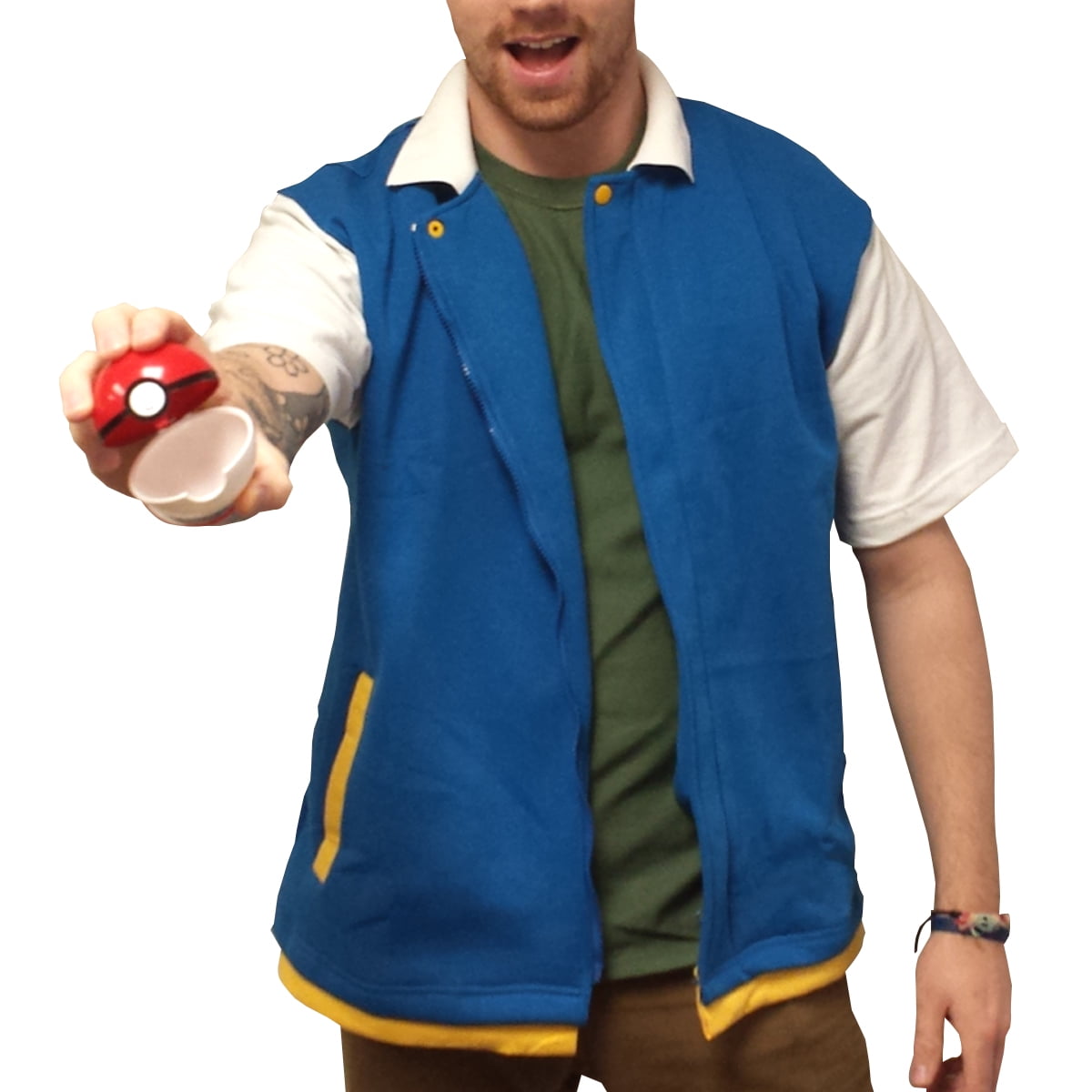 A POKéMON Trainer with a red jacket on a black T-shi