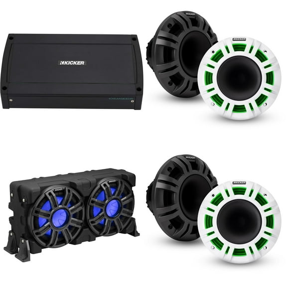 Kicker Marine (2) 48KMXL65 Horn Loaded 6.5", KXMA900.5 5 Channel Amp & 51MWLE104 10" Loaded Enclosure, LED Marine Audio Upgrade