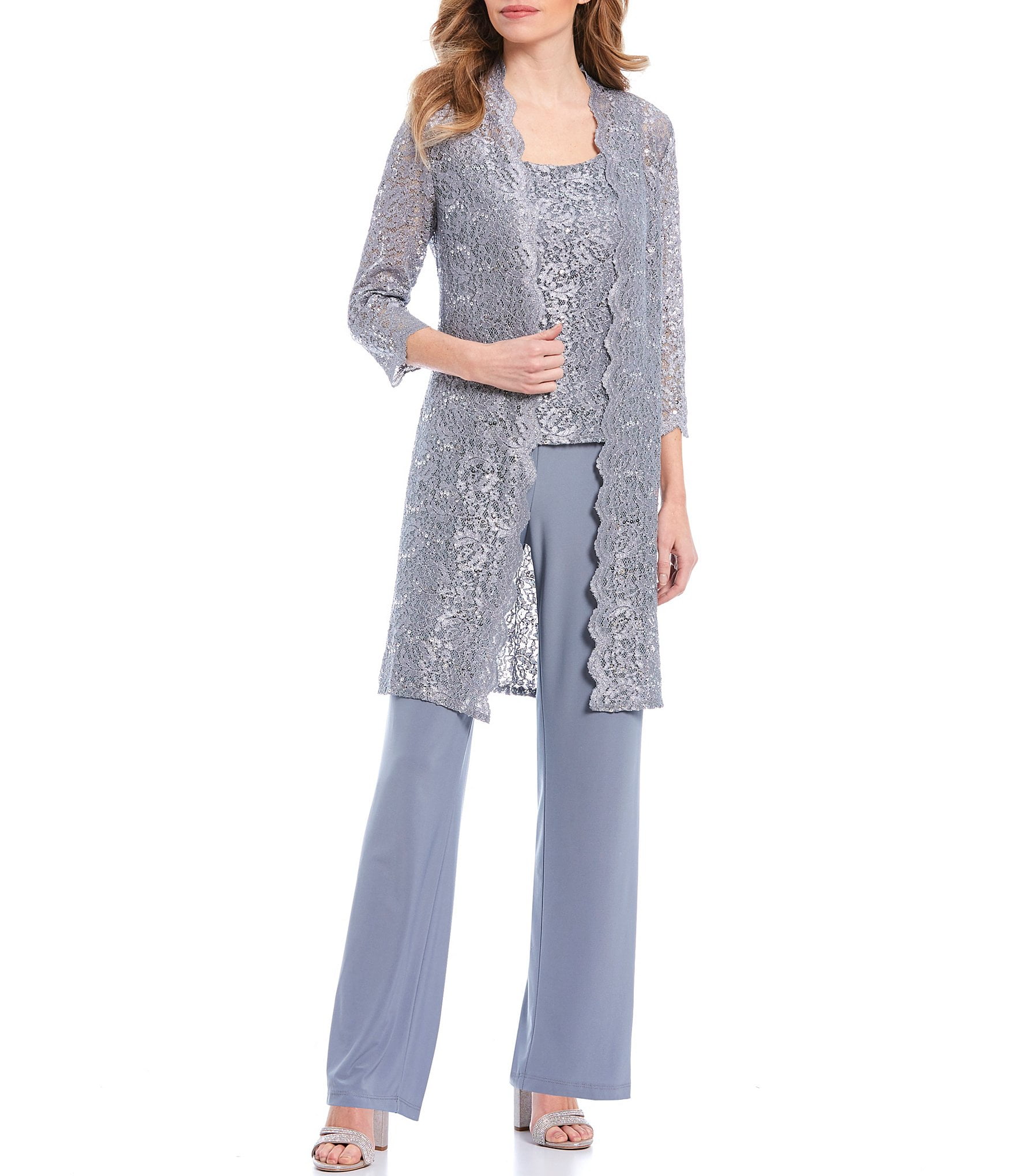 R&M Richards Womens 3 PCE Laced Duster Jacket Shell and Solid Pant 