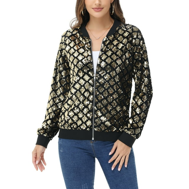 Veste à Fermeture Éclair devant à Paillettes à Manches Longues pour Femmes, Poignets Côtelés, Hauts d'Extérieur à Manches Longues