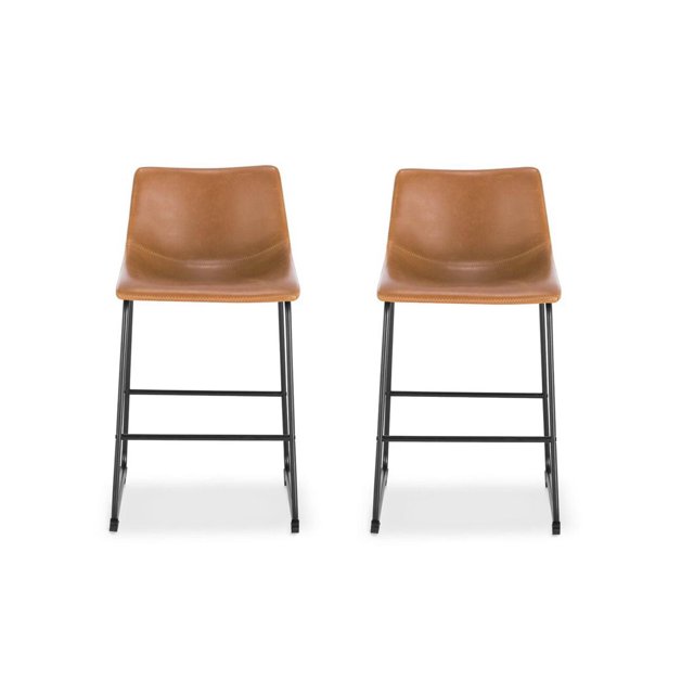Pair of Heavenly Collection brown leather counter stools with sleek black metal frames designed for dining areas.