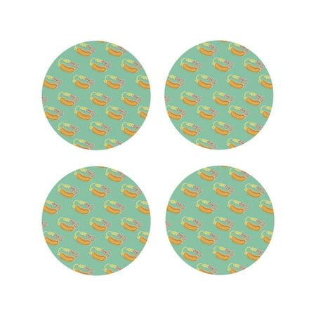 

Drink Coasters Set of 4 Cartoon Hot Dog Print Green Leather Coasters for Coffee Table Protector Heat Resistant Cute Coasters for Home Decor Housewarming Gifts Bar Kitchen 4 Inch Round Shape