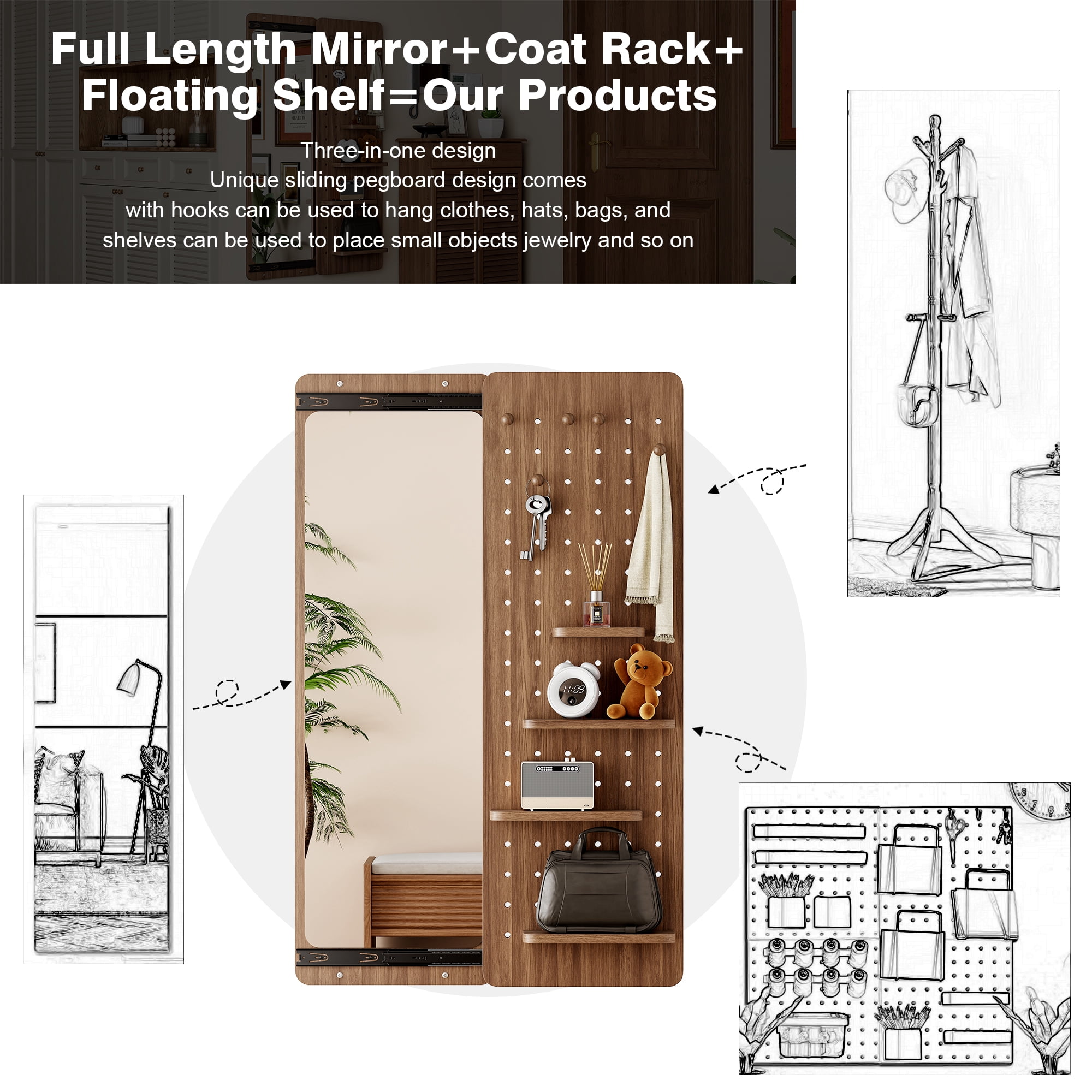 Leumius 47.6"x15.7" Full-Length Mirror, Multi-functional Design Panel Wall-Mounted Full-Length Mirror, Can be Pushed and Pulled for Bedroom Living Room Entrance Walnut