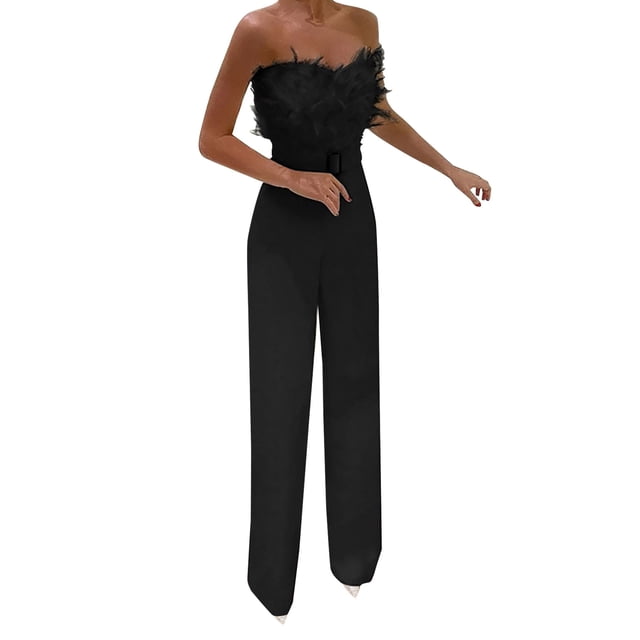 Jumpsuits for Women Off Shoulder Strapless Sleeveless Solid Color High Waist Straight Wide Leg Rompers