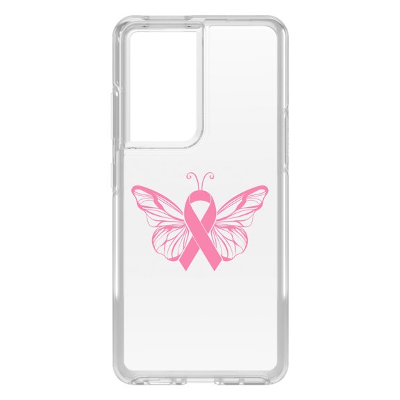 DistinctInk Clear Shockproof Hybrid Case for Galaxy S21 ULTRA 5G (6.8" Screen) - TPU Bumper Acrylic Back Tempered Glass Screen Protector - Pink Ribbon Cancer - Butterfly