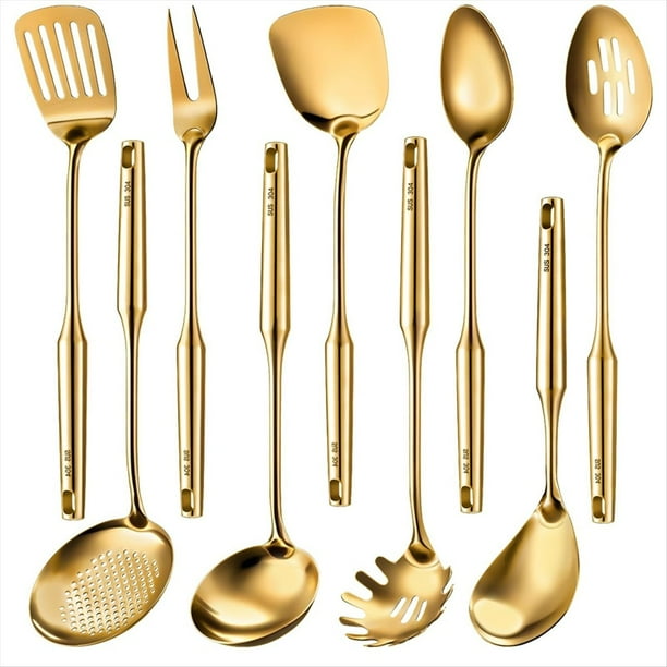 Juego de 9 Utensilios de Cocina de Acero Inoxidable 304: Espátula, Cuchara Sólida, Espumadera, Tenedor, Cucharón y Espumadera.