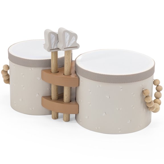 Label Label: Wooden Bongos - Tan - Musical Instrument Toy, 2 Dragonfly-Shaped Drum Sticks, Carry Handles, Develops Creativity, Toddler & Kids Ages 2