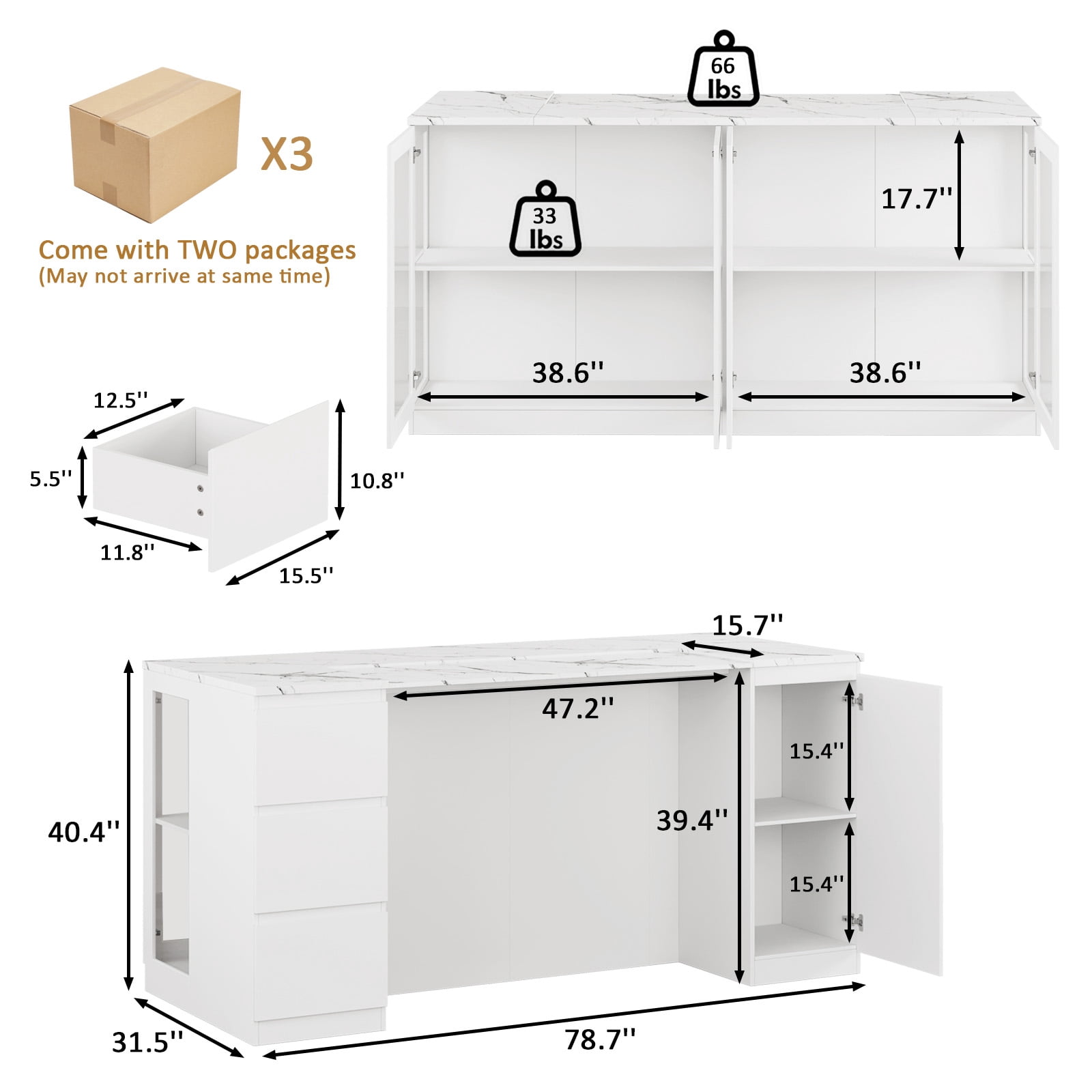 78.7" White Modern Kitchen Island with Storage, LED Light, Drawers & Glass Doors for Dining Room
