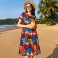 thumbnail image 4 of Gukieu Colorful Hawaii Palms Print Women's Short Sleeve Dress, Elastic Waistband A-line with Pockets Summer Dress, Suitable for Daily Leisure, Work, Vacation, 4 of 6