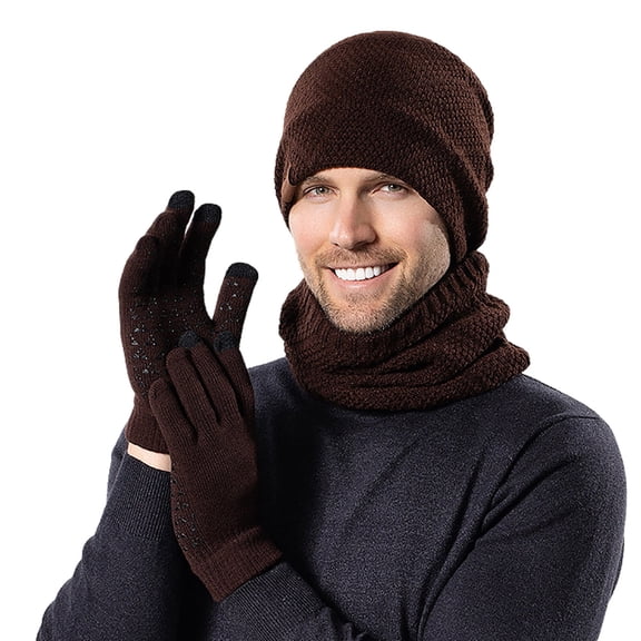Unisex Womens&Mens Adult Winter Warm Hat Gloves Neck Three Piece Set Winter Outdoor Cold Proof Plush Knitted Hat