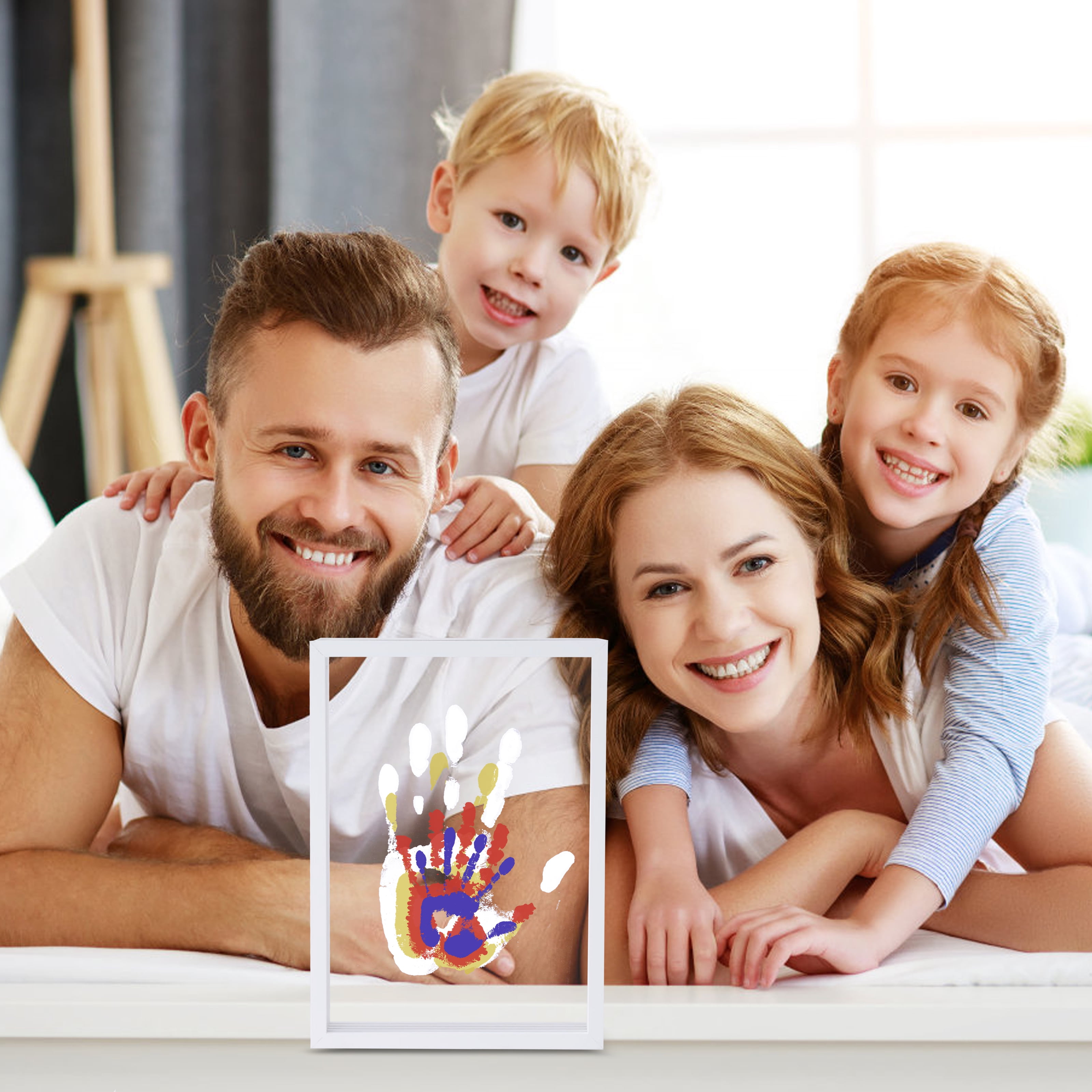 Family Handprint Kit, DIY Craft Keepsake Wood Frame, Endless Gift Set, 4 Transparent Sheets - Brown